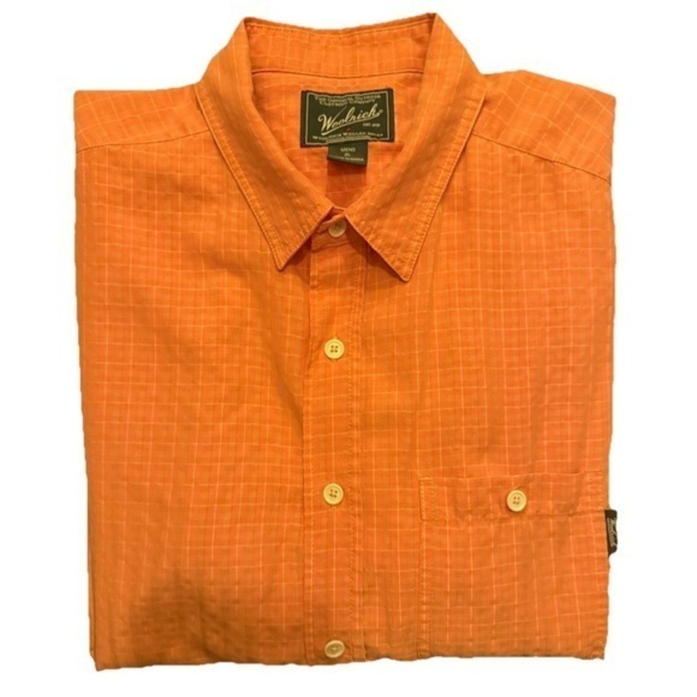 Woolrich Mens XL Orange Check Short Sleeve Button Down Shirt Outdoor Hiking XL